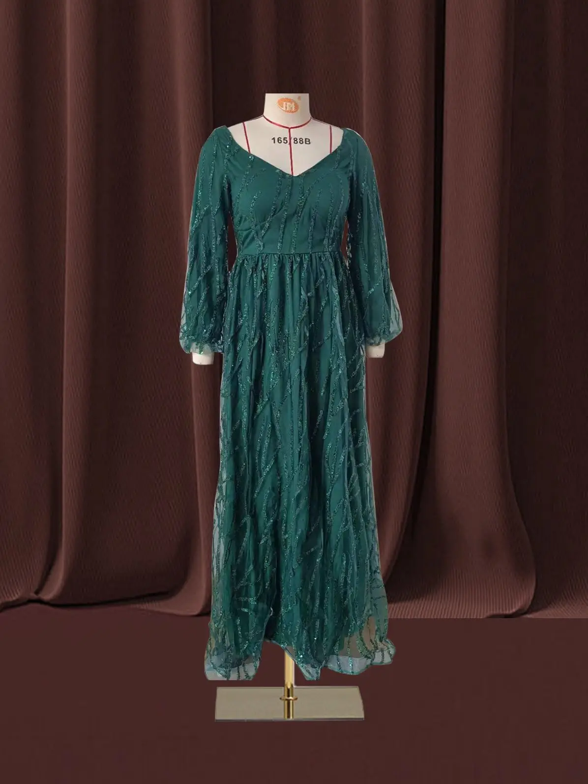 Women Bohemian Dress with V-neck Lantern Long Sleeves Lace Mesh Sequins Beaded Slim Fit  Soft Pleats Elegant for Party Banquets