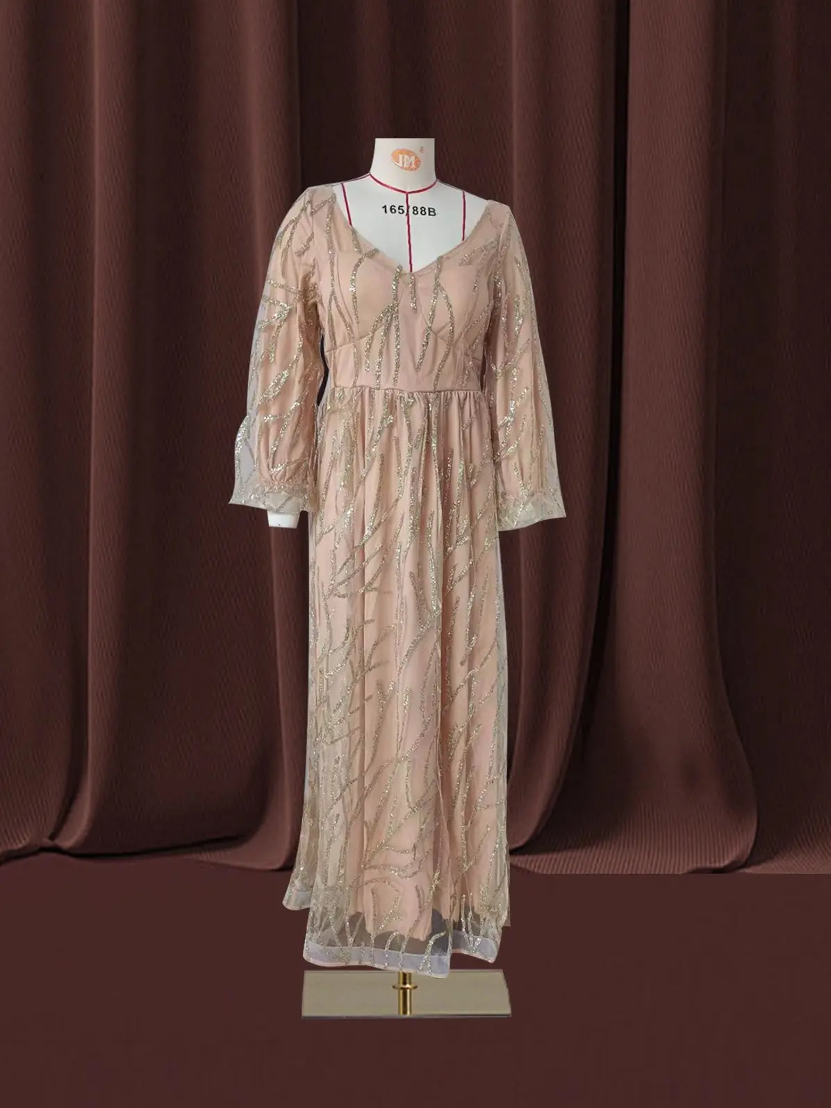 Women Bohemian Dress with V-neck Lantern Long Sleeves Lace Mesh Sequins Beaded Slim Fit  Soft Pleats Elegant for Party Banquets