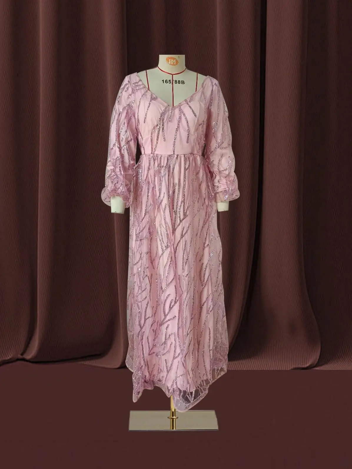 Women Bohemian Dress with V-neck Lantern Long Sleeves Lace Mesh Sequins Beaded Slim Fit  Soft Pleats Elegant for Party Banquets