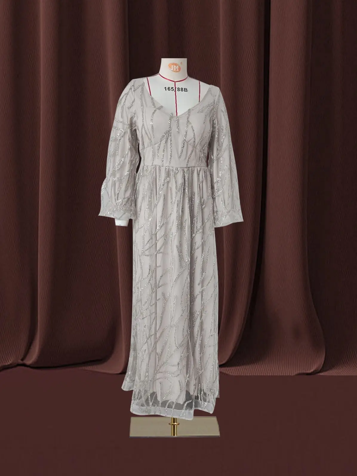 Women Bohemian Dress with V-neck Lantern Long Sleeves Lace Mesh Sequins Beaded Slim Fit  Soft Pleats Elegant for Party Banquets