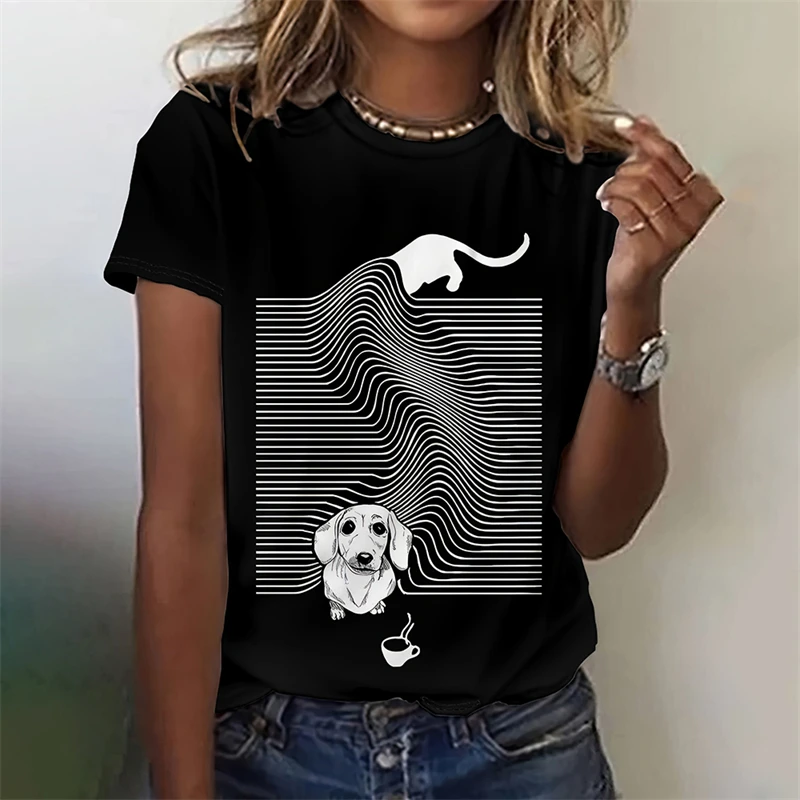 Women's Funny 3D Animal Print T Shirts Causal Short Sleeve Tops Girls Kawaii Clothes Female Fashion Cat Dog Pattern Tees Ladies