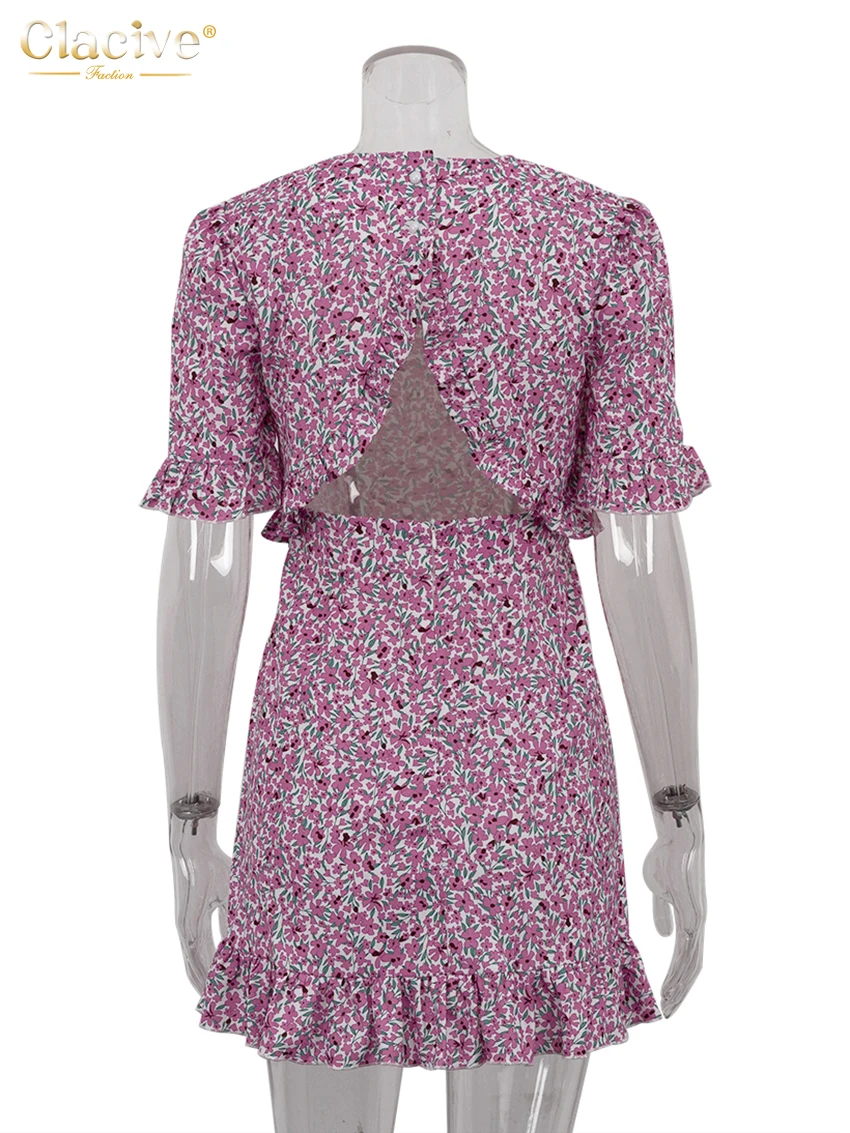 Clacive Summer Slim Print Women's Dress 2024 Fashion O-Neck Short Sleeve Mini Dresses Elegant Classic High Waist Female Dress