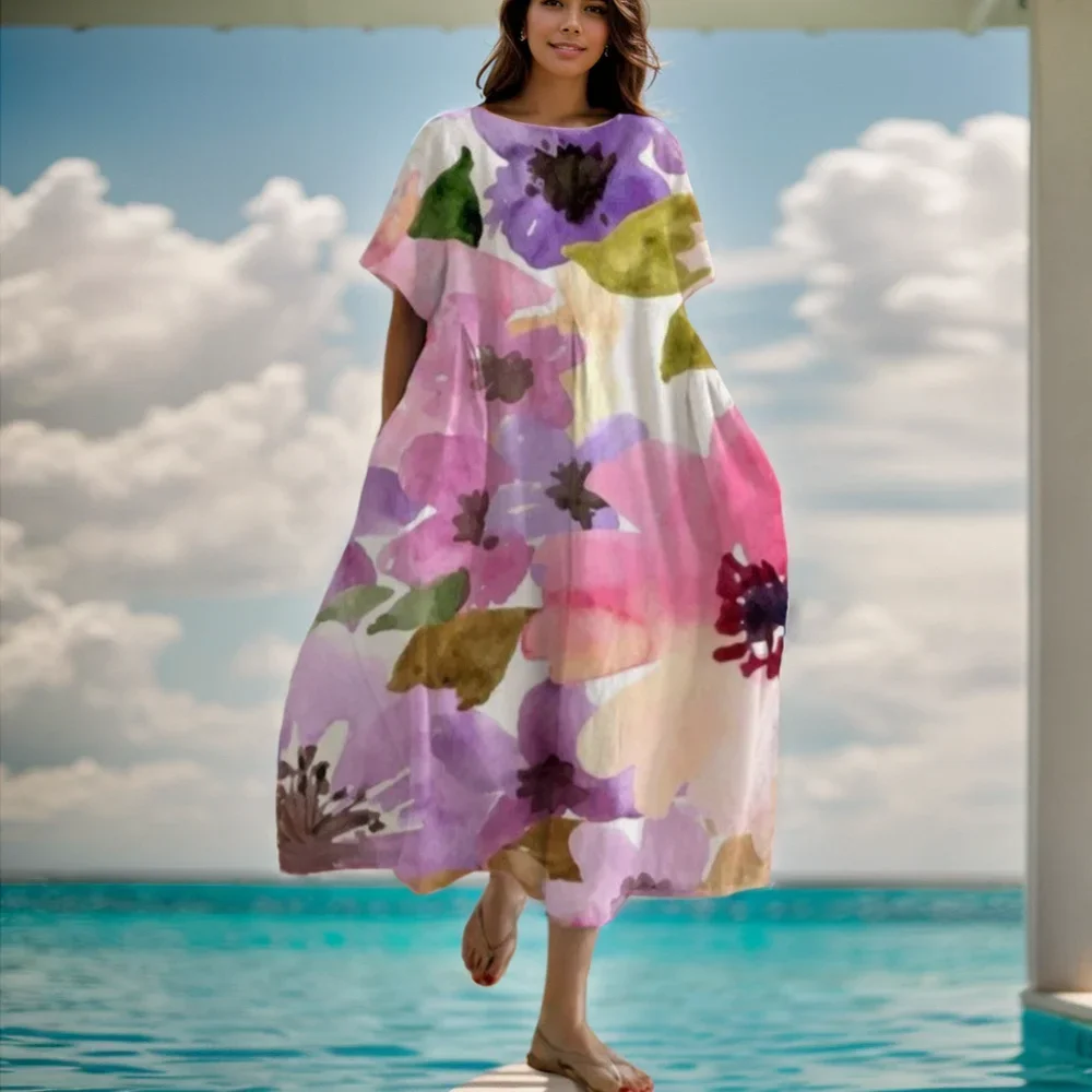 Dress For Women Summer New Short Sleeve Floral Print O-neck Big Hem Loose Fashion Elegant Casual Commute Female A-line Dress