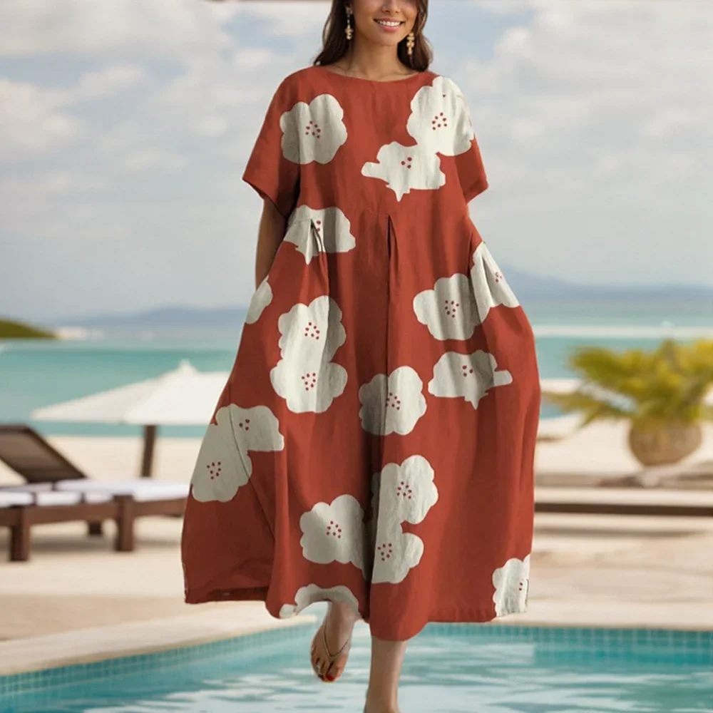 Dress For Women Summer New Short Sleeve Floral Print O-neck Big Hem Loose Fashion Elegant Casual Commute Female A-line Dress