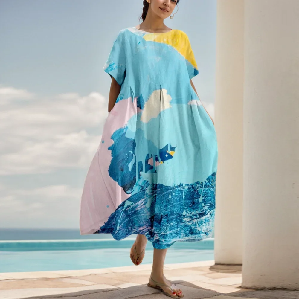 Dress For Women Summer New Short Sleeve Floral Print O-neck Big Hem Loose Fashion Elegant Casual Commute Female A-line Dress
