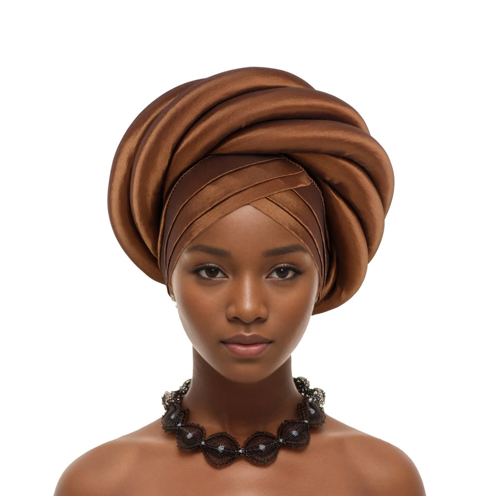 Twisted Braid Turban Cap for Women African Lady Head Wraps Nigeria Raw Silk Autogele Headtie Muslim Hat Party Headwear Turbante