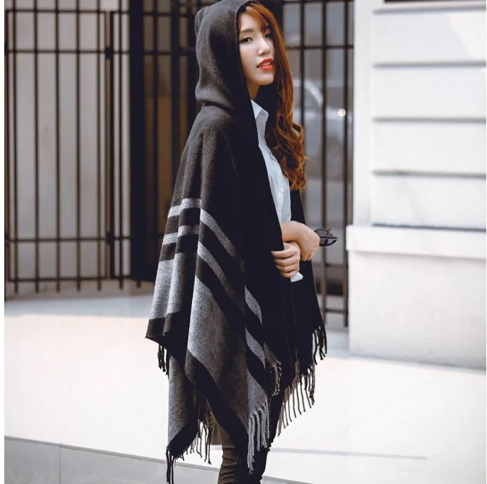Women Cloak Hooded Sweaters Knit Batwing Top Poncho With Hood Cape Coat Tassel Sweater Outwear Leasure Style Clothes