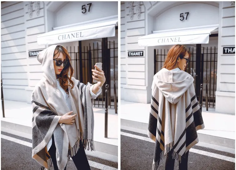 Women Cloak Hooded Sweaters Knit Batwing Top Poncho With Hood Cape Coat Tassel Sweater Outwear Leasure Style Clothes