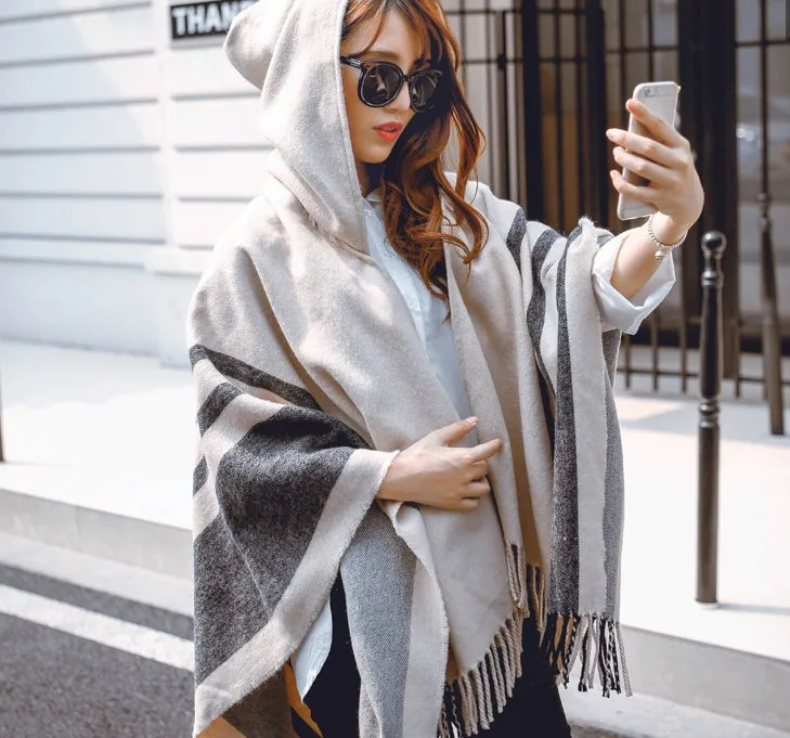 Women Cloak Hooded Sweaters Knit Batwing Top Poncho With Hood Cape Coat Tassel Sweater Outwear Leasure Style Clothes