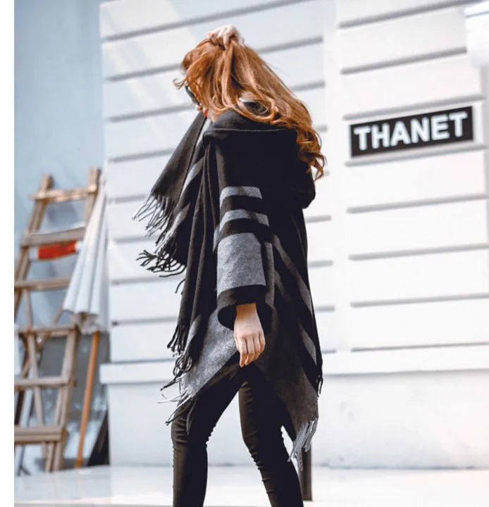 Women Cloak Hooded Sweaters Knit Batwing Top Poncho With Hood Cape Coat Tassel Sweater Outwear Leasure Style Clothes
