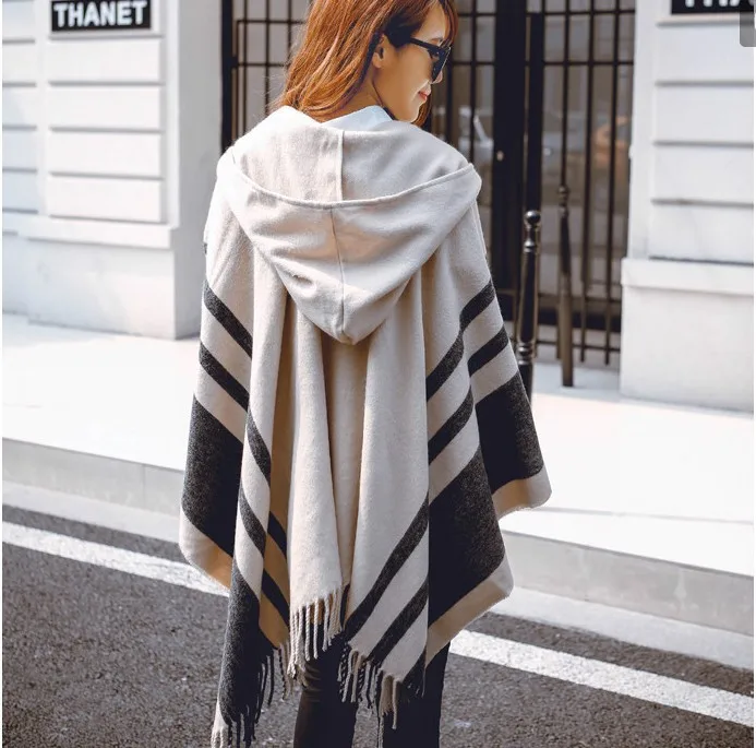 Women Cloak Hooded Sweaters Knit Batwing Top Poncho With Hood Cape Coat Tassel Sweater Outwear Leasure Style Clothes