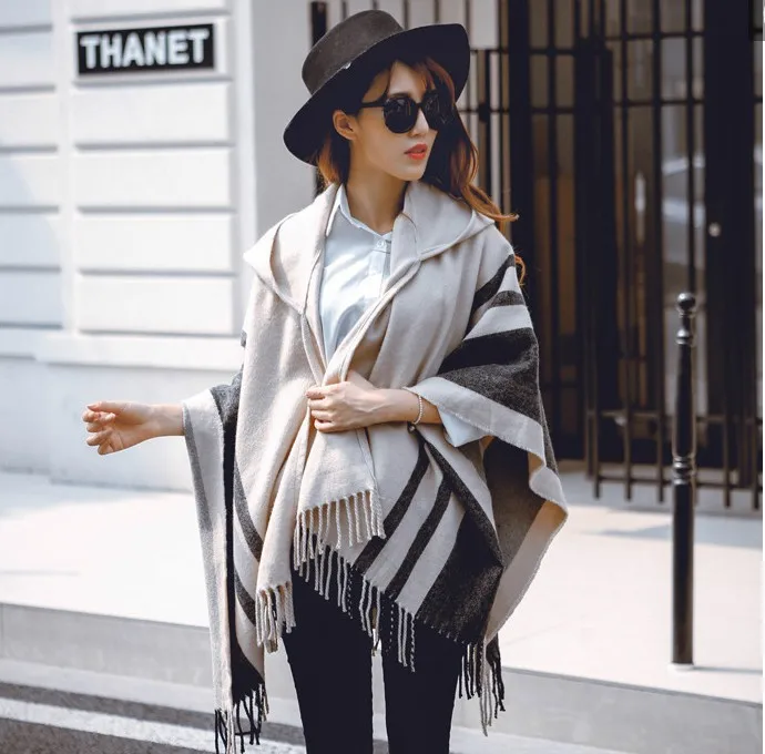 Women Cloak Hooded Sweaters Knit Batwing Top Poncho With Hood Cape Coat Tassel Sweater Outwear Leasure Style Clothes