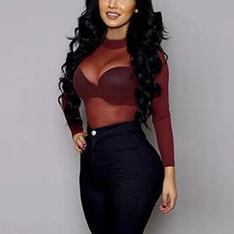2024 Sexy Women Blouses See Through Transparent Mesh Stand Neck Long Sleeve Sheer Blouse Shirt Ladies Tops Tee