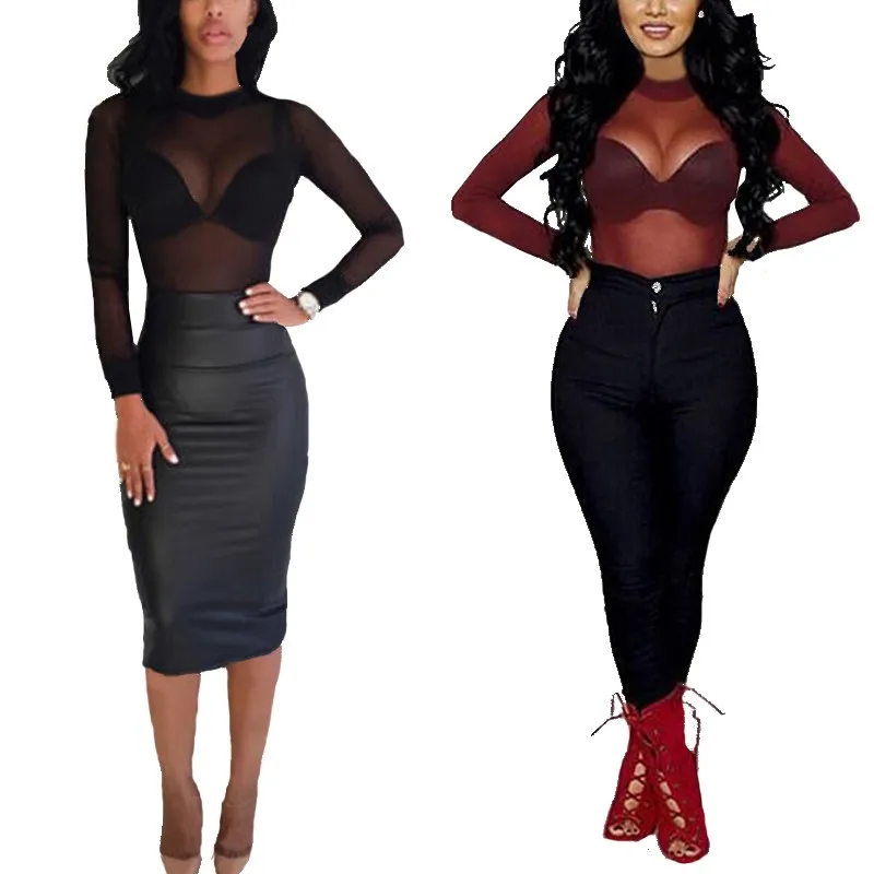 2024 Sexy Women Blouses See Through Transparent Mesh Stand Neck Long Sleeve Sheer Blouse Shirt Ladies Tops Tee
