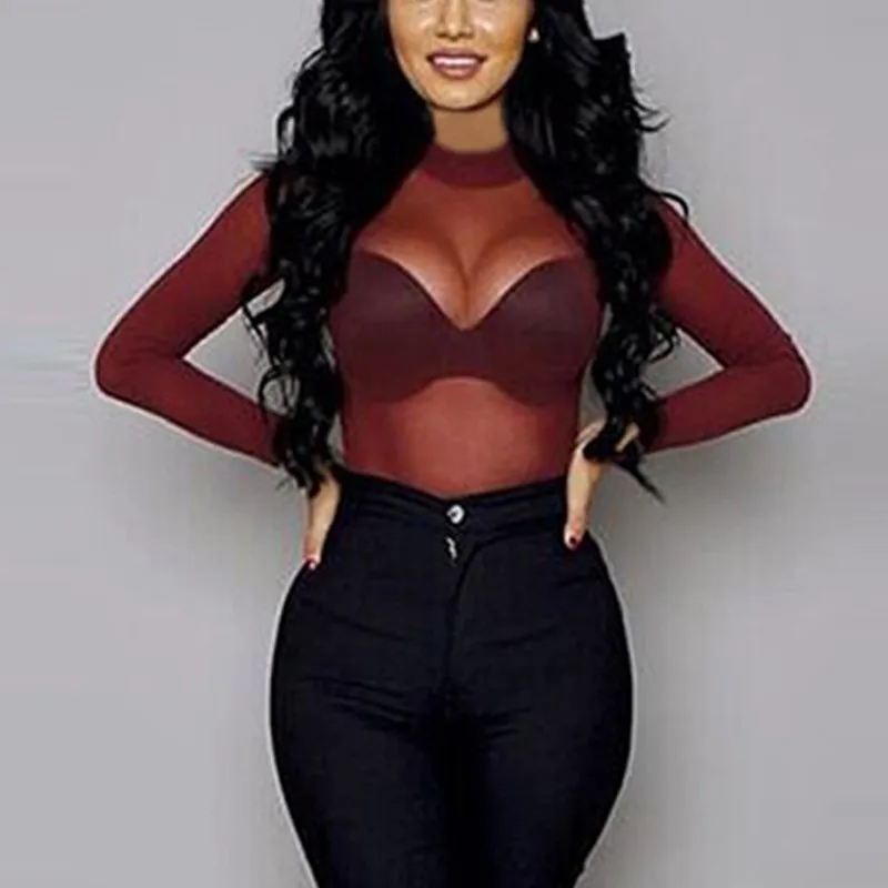 2024 Sexy Women Blouses See Through Transparent Mesh Stand Neck Long Sleeve Sheer Blouse Shirt Ladies Tops Tee