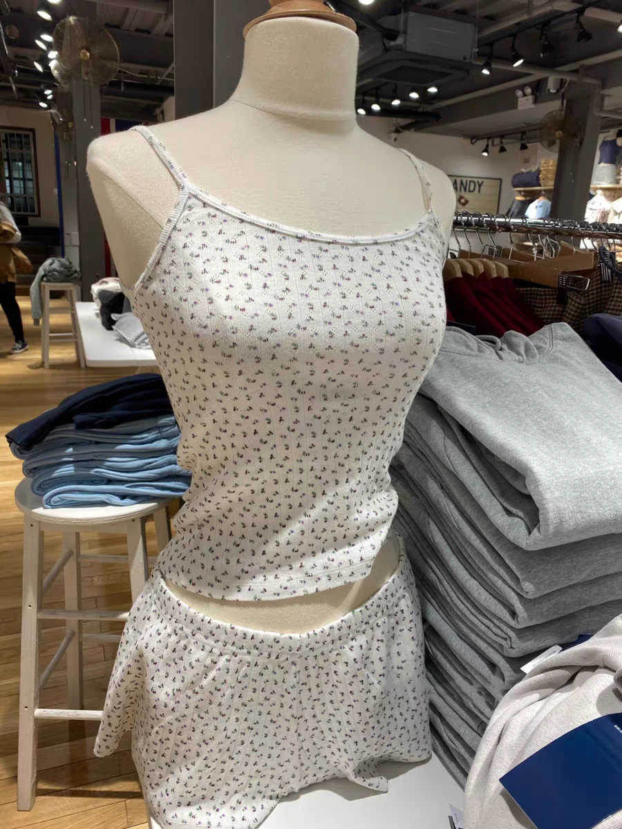 Sweet Floral Print Two Piece Set Women Hollow-out Sleeveless Crop Top And Shorts Summer Outfits Casual Vintage Cotton Short Sets