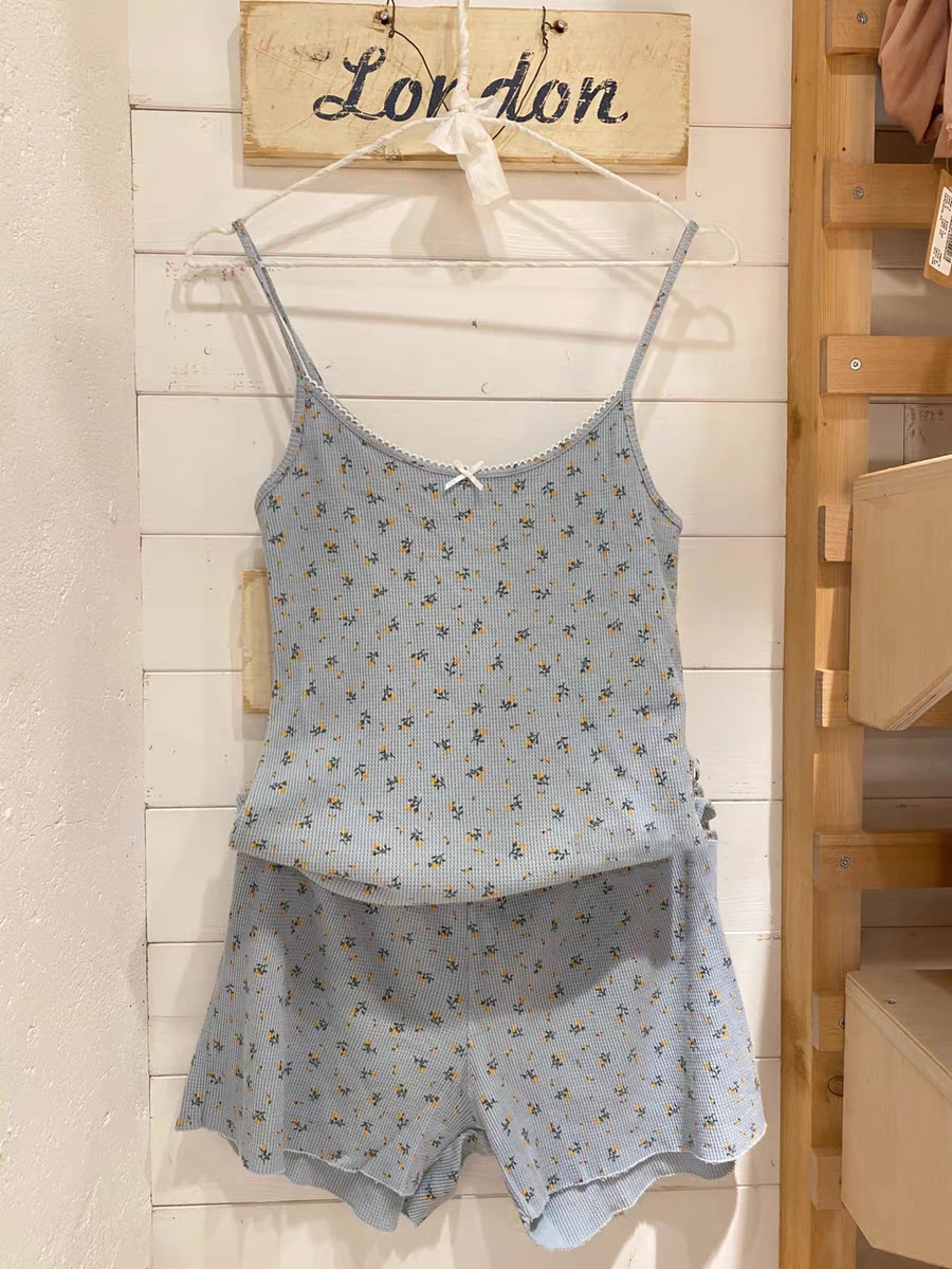 Sweet Floral Print Two Piece Set Women Hollow-out Sleeveless Crop Top And Shorts Summer Outfits Casual Vintage Cotton Short Sets