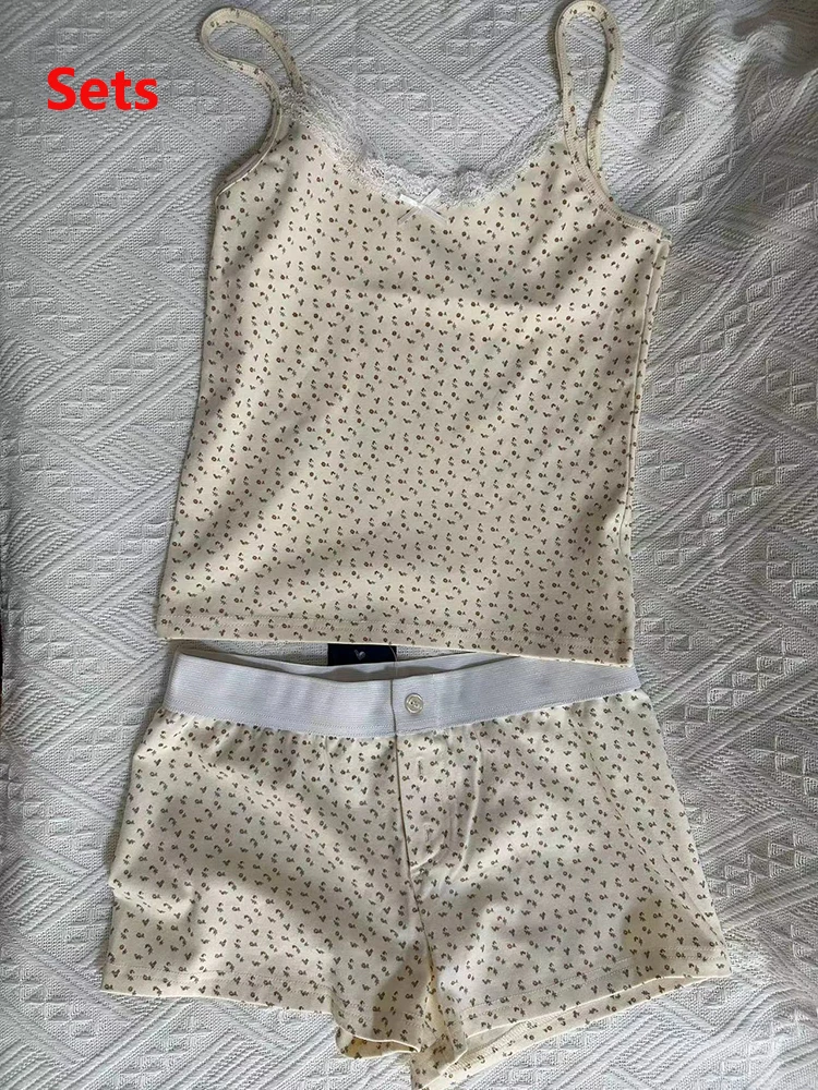 Sweet Floral Print Two Piece Set Women Hollow-out Sleeveless Crop Top And Shorts Summer Outfits Casual Vintage Cotton Short Sets