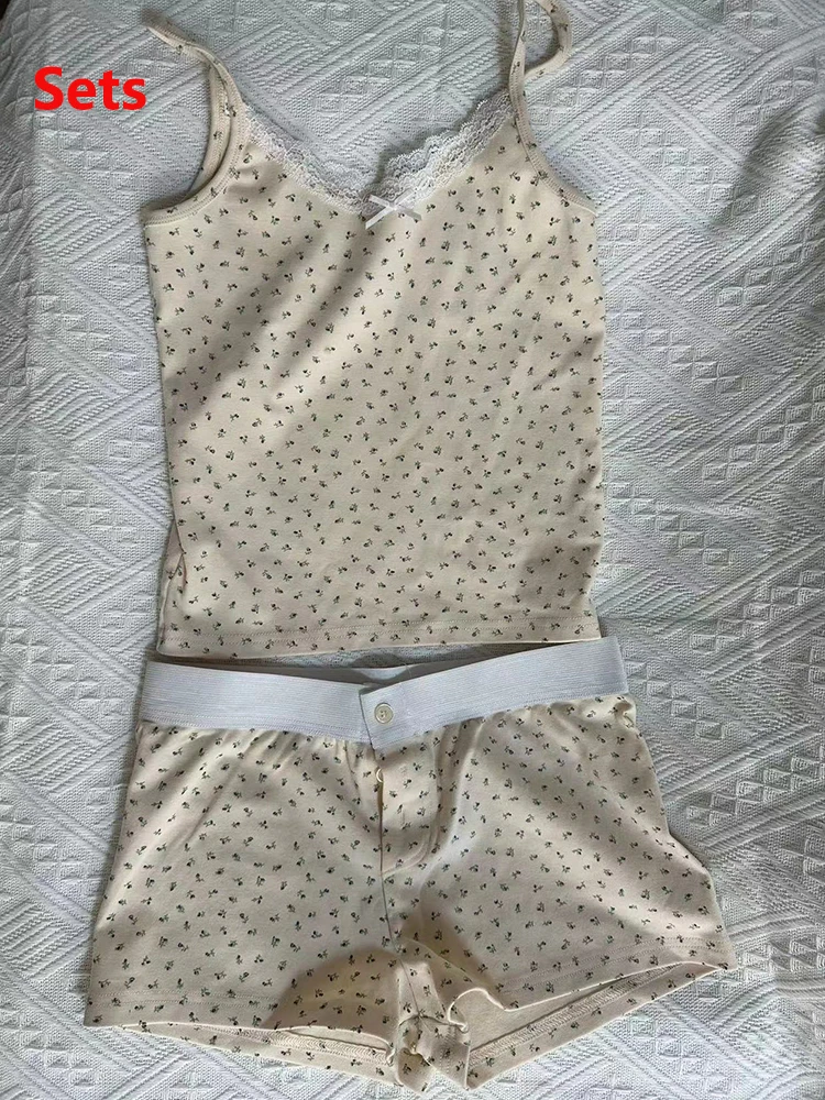 Sweet Floral Print Two Piece Set Women Hollow-out Sleeveless Crop Top And Shorts Summer Outfits Casual Vintage Cotton Short Sets
