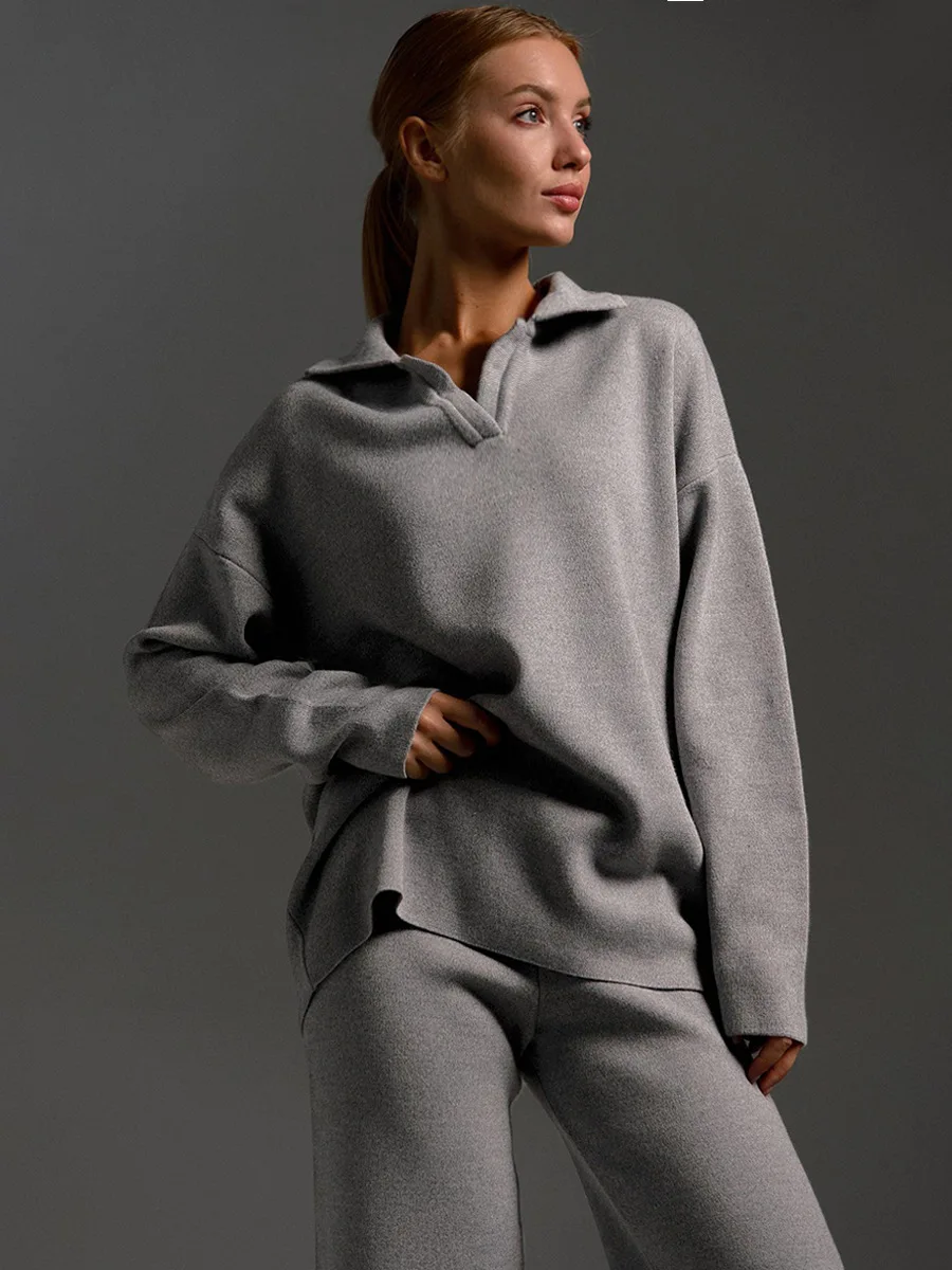 Bornladies Winter Thick Women Knitted Suits Soft 2 Pieces Sets Female Polo Neck Sweater & Wide Leg Pants Knitted Outfit