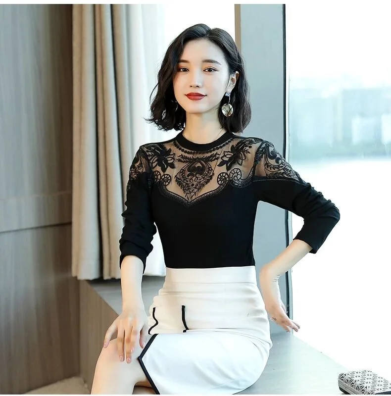 Lace Women's Long Sleeves Large Elastic Shirt Blusas Clothes for Women Tops Shirts Blouses