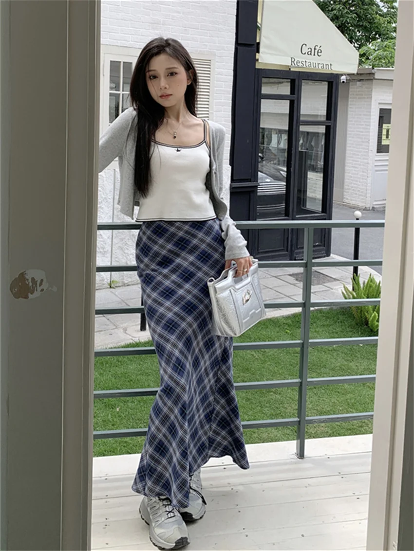 Alien Kitty Women Trumpets Summer Plaid Long Skirts 2023 Slim Chic High Waist Casual Office Lady Streetwear Vintage Mermaid OL