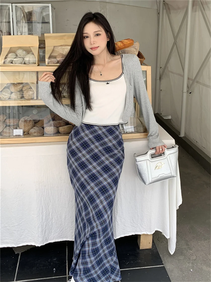 Alien Kitty Women Trumpets Summer Plaid Long Skirts 2023 Slim Chic High Waist Casual Office Lady Streetwear Vintage Mermaid OL