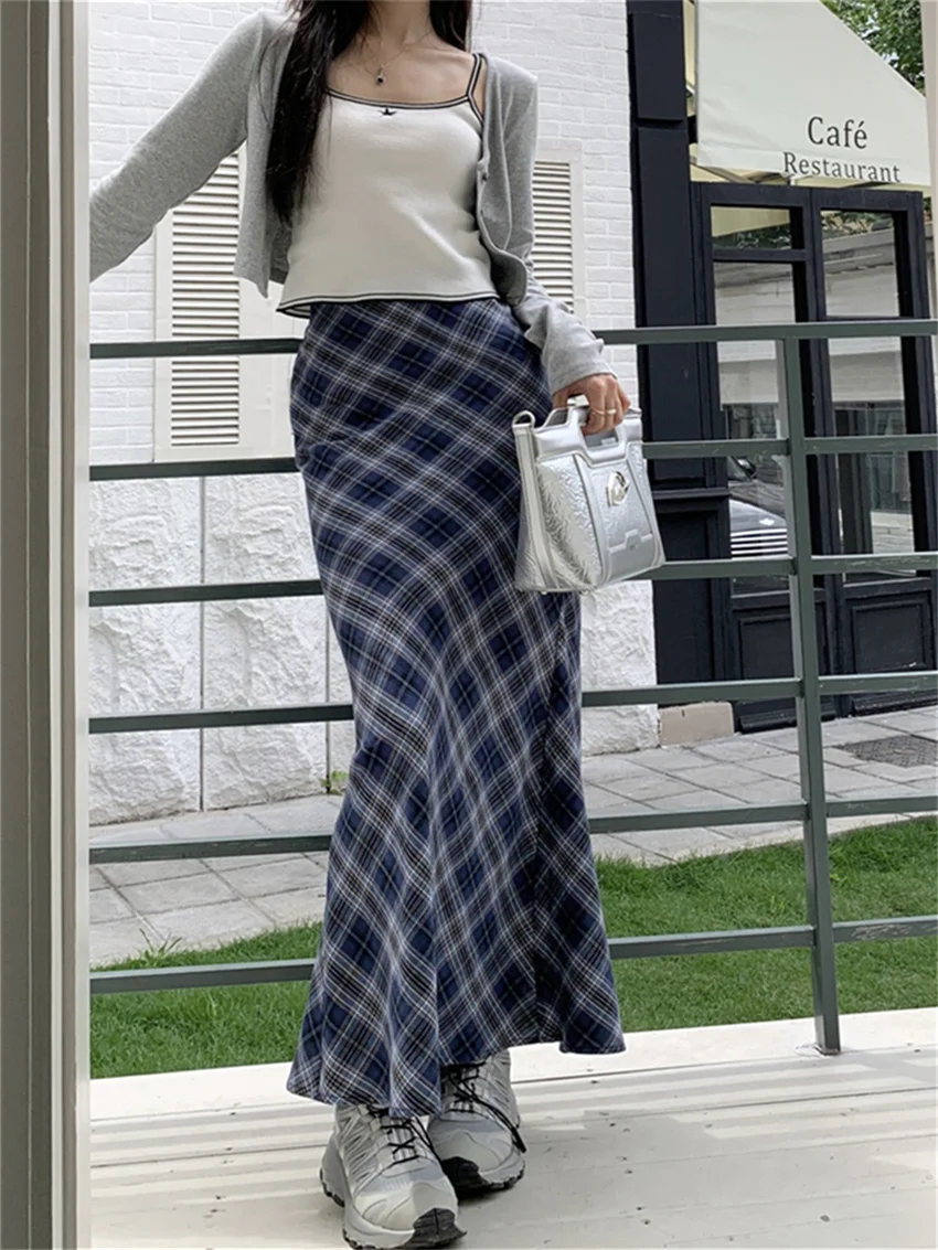 Alien Kitty Women Trumpets Summer Plaid Long Skirts 2023 Slim Chic High Waist Casual Office Lady Streetwear Vintage Mermaid OL
