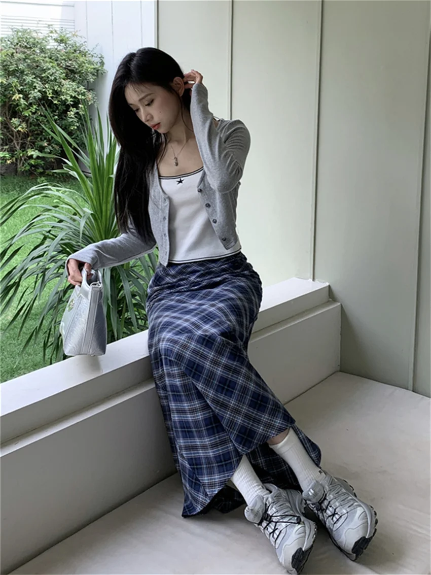 Alien Kitty Women Trumpets Summer Plaid Long Skirts 2023 Slim Chic High Waist Casual Office Lady Streetwear Vintage Mermaid OL