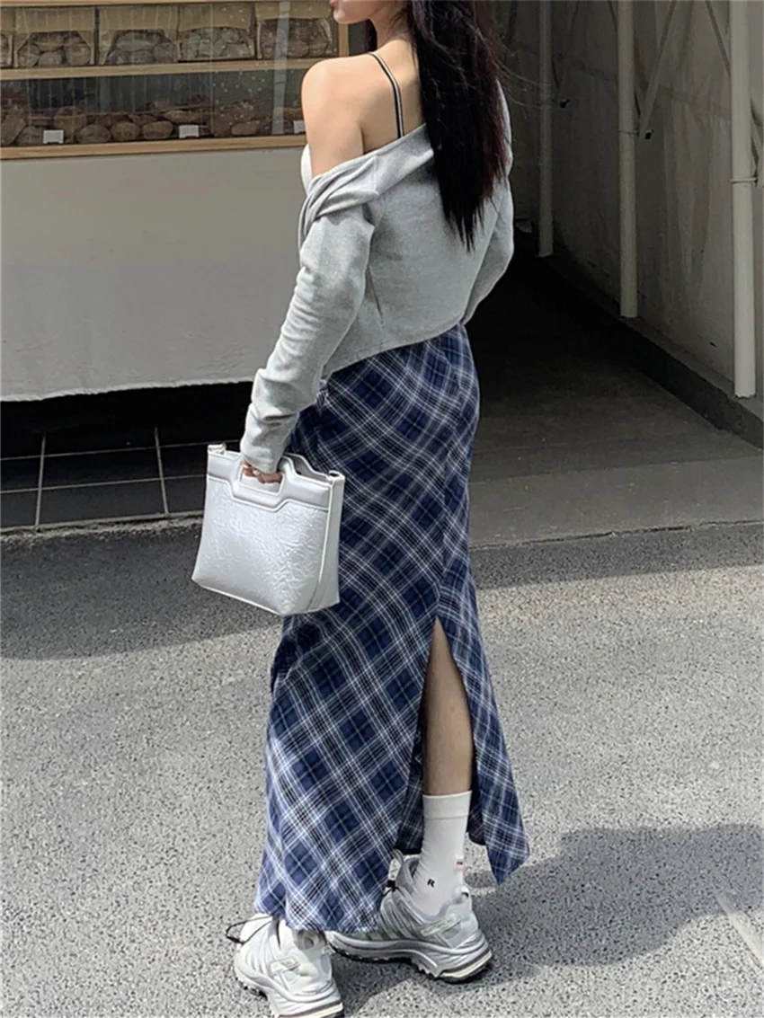 Alien Kitty Women Trumpets Summer Plaid Long Skirts 2023 Slim Chic High Waist Casual Office Lady Streetwear Vintage Mermaid OL