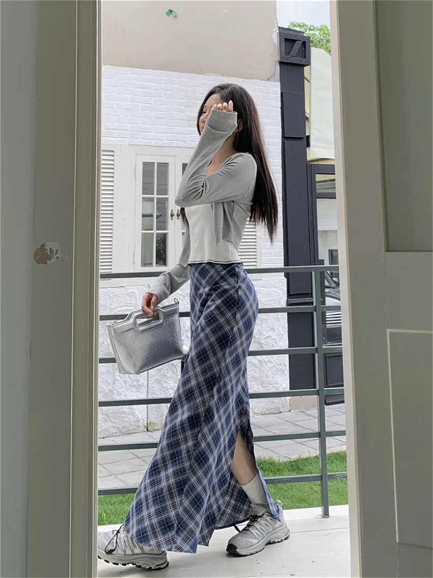 Alien Kitty Women Trumpets Summer Plaid Long Skirts 2023 Slim Chic High Waist Casual Office Lady Streetwear Vintage Mermaid OL