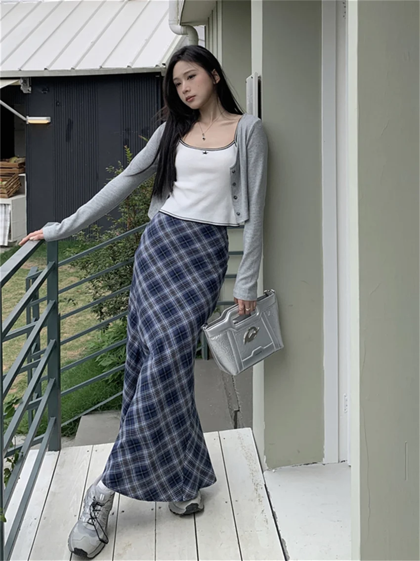 Alien Kitty Women Trumpets Summer Plaid Long Skirts 2023 Slim Chic High Waist Casual Office Lady Streetwear Vintage Mermaid OL