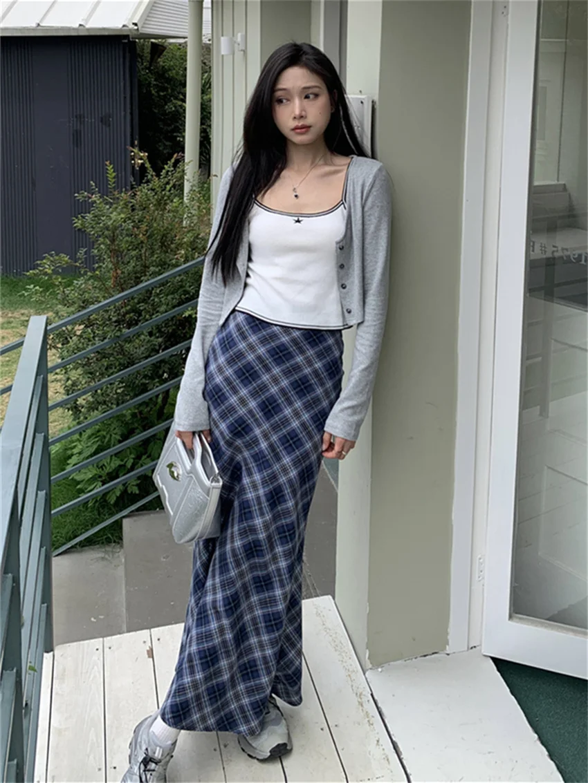 Alien Kitty Women Trumpets Summer Plaid Long Skirts 2023 Slim Chic High Waist Casual Office Lady Streetwear Vintage Mermaid OL
