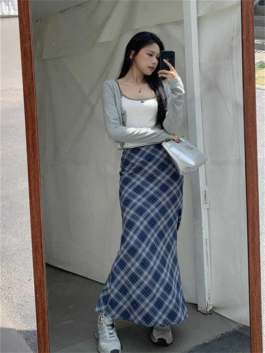 Alien Kitty Women Trumpets Summer Plaid Long Skirts 2023 Slim Chic High Waist Casual Office Lady Streetwear Vintage Mermaid OL