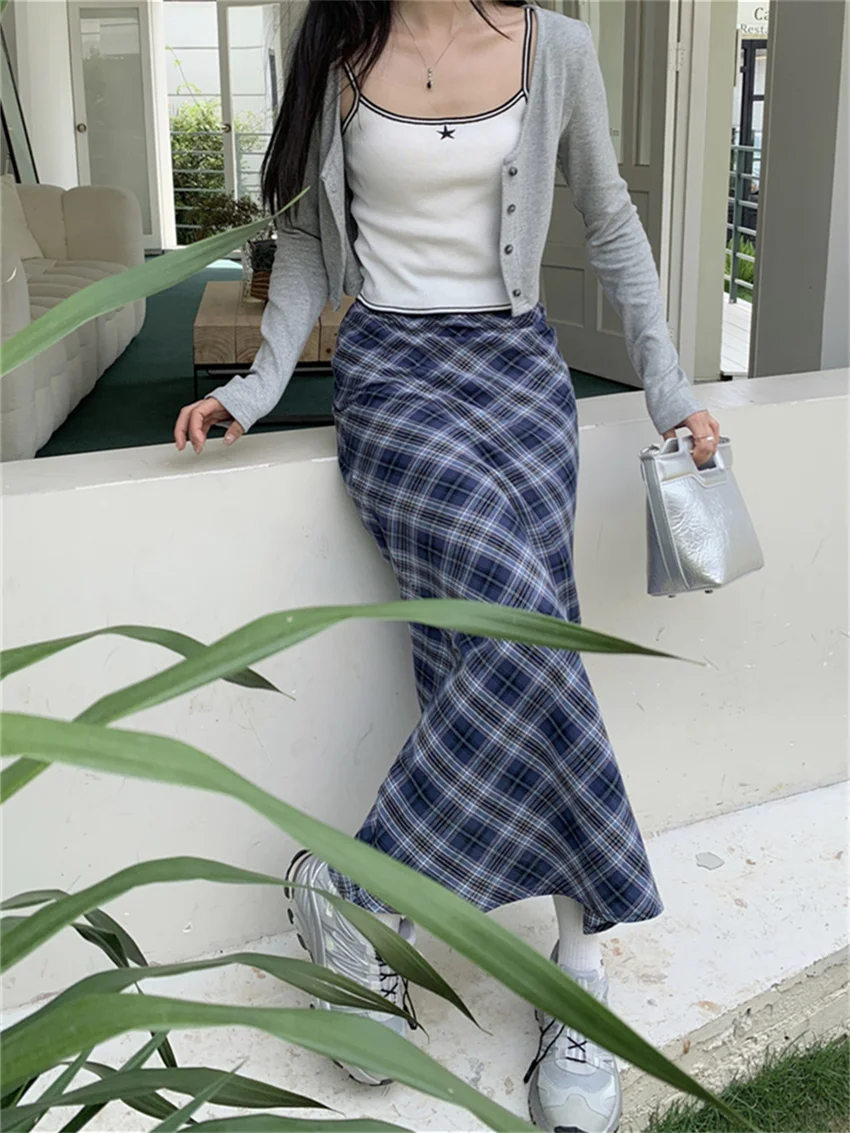 Alien Kitty Women Trumpets Summer Plaid Long Skirts 2023 Slim Chic High Waist Casual Office Lady Streetwear Vintage Mermaid OL