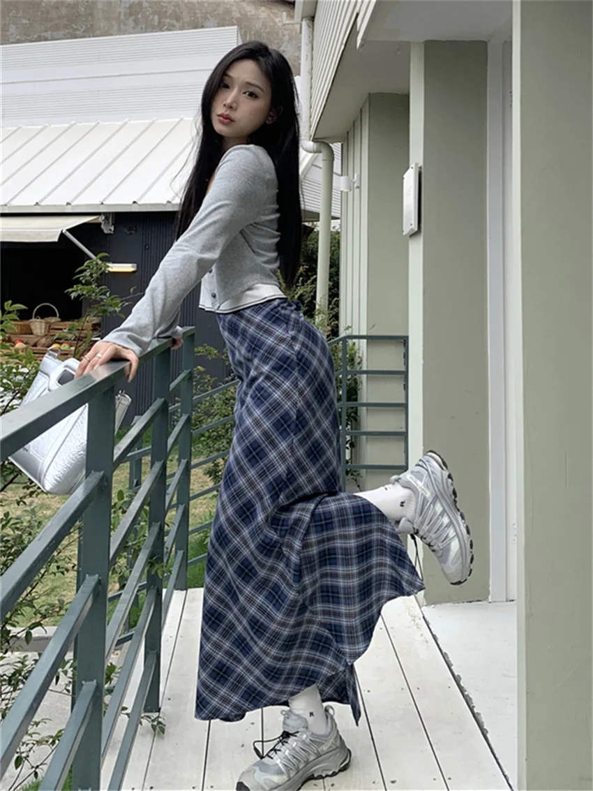 Alien Kitty Women Trumpets Summer Plaid Long Skirts 2023 Slim Chic High Waist Casual Office Lady Streetwear Vintage Mermaid OL