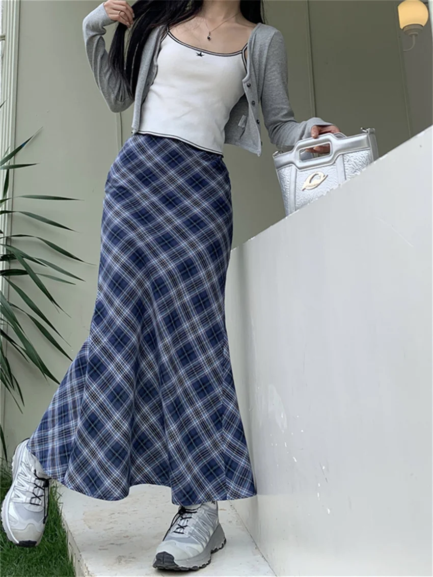 Alien Kitty Women Trumpets Summer Plaid Long Skirts 2023 Slim Chic High Waist Casual Office Lady Streetwear Vintage Mermaid OL