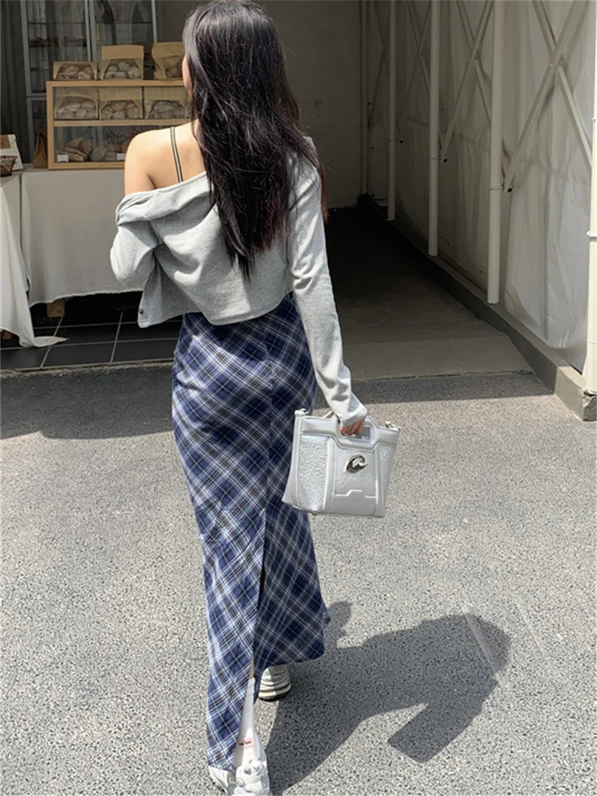 Alien Kitty Women Trumpets Summer Plaid Long Skirts 2023 Slim Chic High Waist Casual Office Lady Streetwear Vintage Mermaid OL
