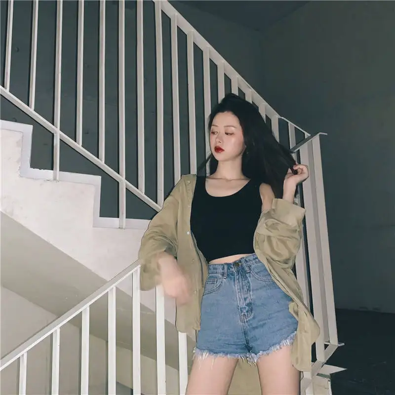 Black Knitted Round Neck Women T-shirt Sexy Sleeveless Camisole Crop Top Woman Tight Stretch Tank Top Ladies Tee Top Streetwear