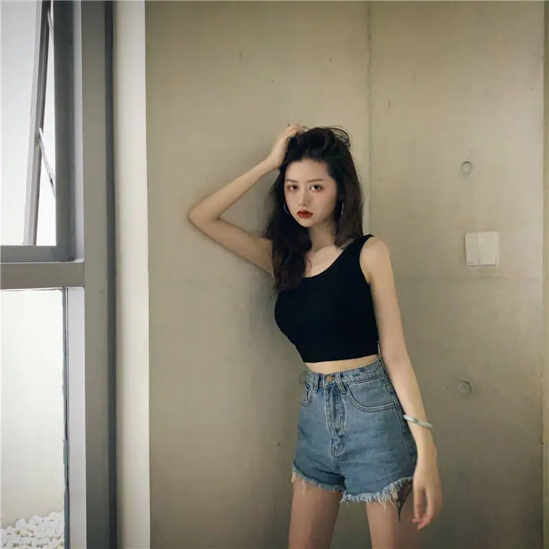 Black Knitted Round Neck Women T-shirt Sexy Sleeveless Camisole Crop Top Woman Tight Stretch Tank Top Ladies Tee Top Streetwear