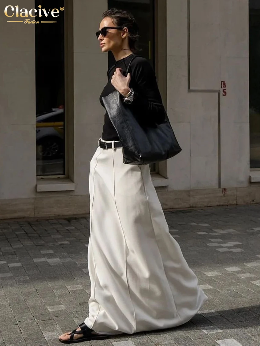 Clacive Fashion Loose White Skirts For Women Elegant High Waist Office Lady Maxi Skirt Casual Simple Faldas Female Clothing 2023