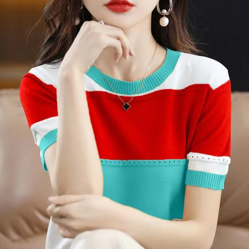 2026 Summer New Ice Silk T-shirt Short-sleeved Stripes Top Women's Round Neck Color Matching Hollow Loose Thin Knitted Sweater