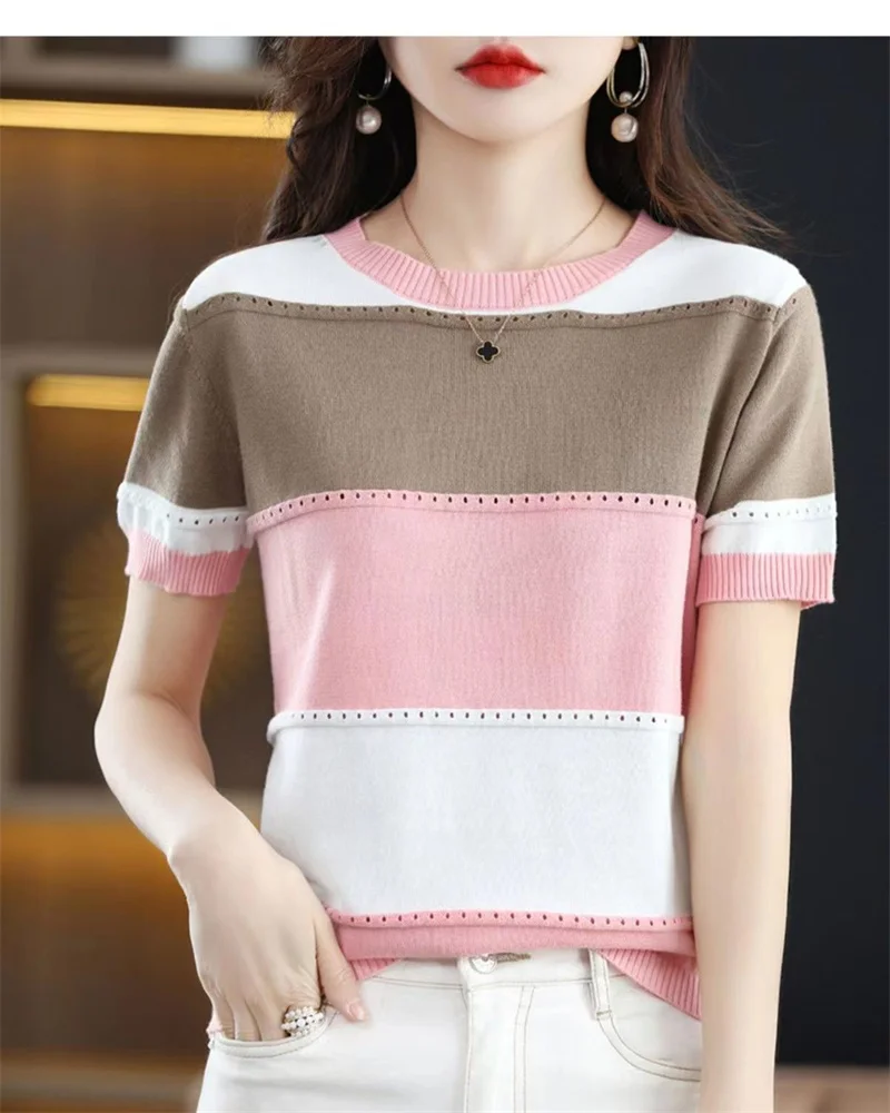 2026 Summer New Ice Silk T-shirt Short-sleeved Stripes Top Women's Round Neck Color Matching Hollow Loose Thin Knitted Sweater