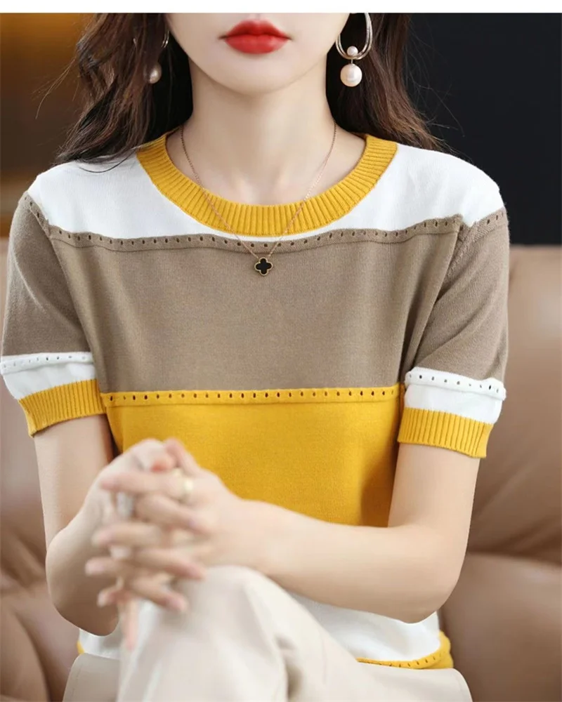 2026 Summer New Ice Silk T-shirt Short-sleeved Stripes Top Women's Round Neck Color Matching Hollow Loose Thin Knitted Sweater