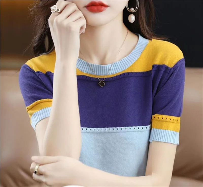 2026 Summer New Ice Silk T-shirt Short-sleeved Stripes Top Women's Round Neck Color Matching Hollow Loose Thin Knitted Sweater