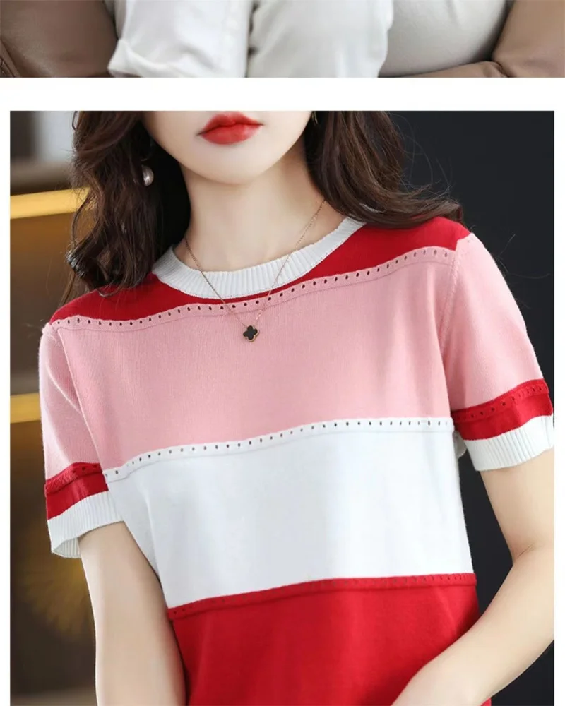 2026 Summer New Ice Silk T-shirt Short-sleeved Stripes Top Women's Round Neck Color Matching Hollow Loose Thin Knitted Sweater