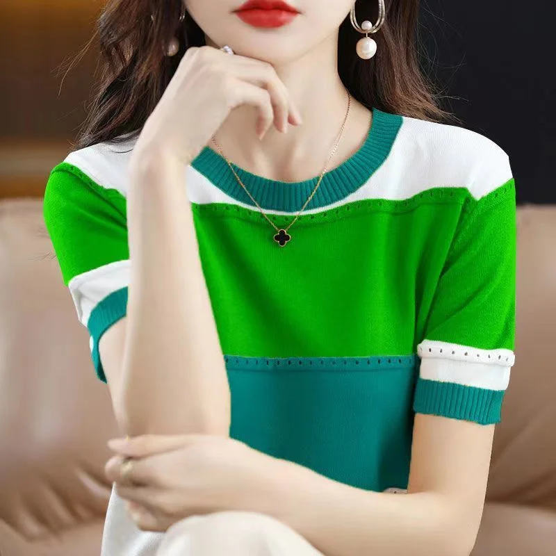 2026 Summer New Ice Silk T-shirt Short-sleeved Stripes Top Women's Round Neck Color Matching Hollow Loose Thin Knitted Sweater