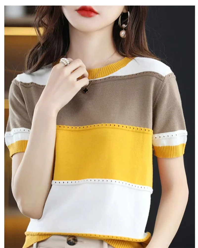 2026 Summer New Ice Silk T-shirt Short-sleeved Stripes Top Women's Round Neck Color Matching Hollow Loose Thin Knitted Sweater