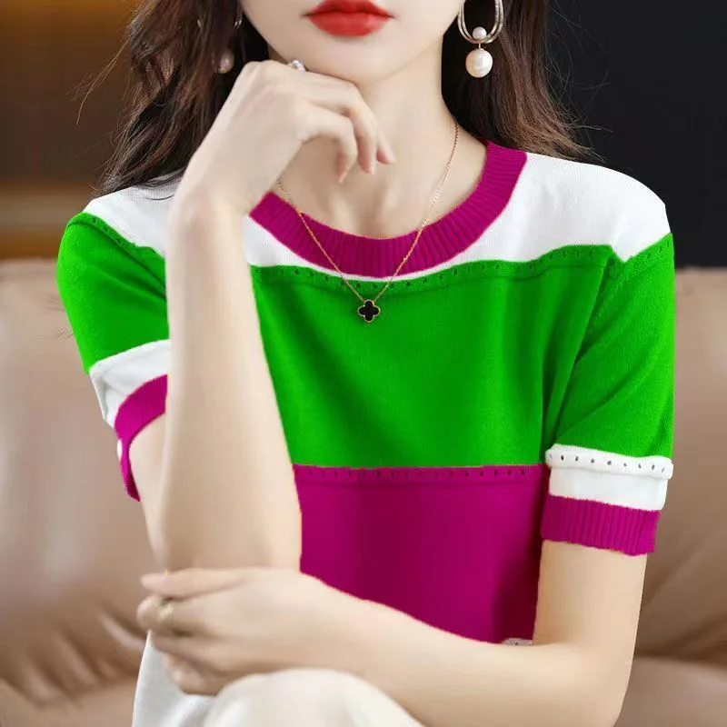 2026 Summer New Ice Silk T-shirt Short-sleeved Stripes Top Women's Round Neck Color Matching Hollow Loose Thin Knitted Sweater
