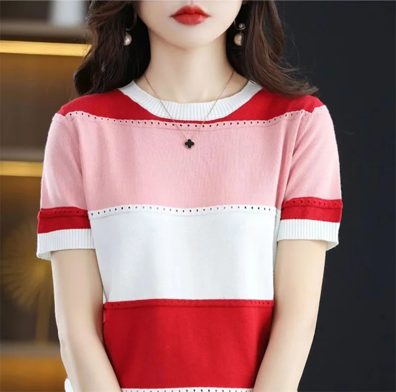 2026 Summer New Ice Silk T-shirt Short-sleeved Stripes Top Women's Round Neck Color Matching Hollow Loose Thin Knitted Sweater